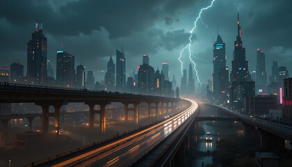 Dramatic lightning strike over a futuristic city skyline with highway light trails at night.
