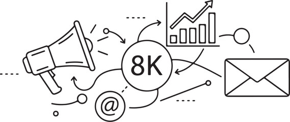 8K Marketing Strategy Illustration: Vector, Black and White, Modern Style