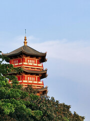 A vibrant red and gold Chinese pagoda rises above dense green foliage, showcasing ornate architecture against a calm sky.