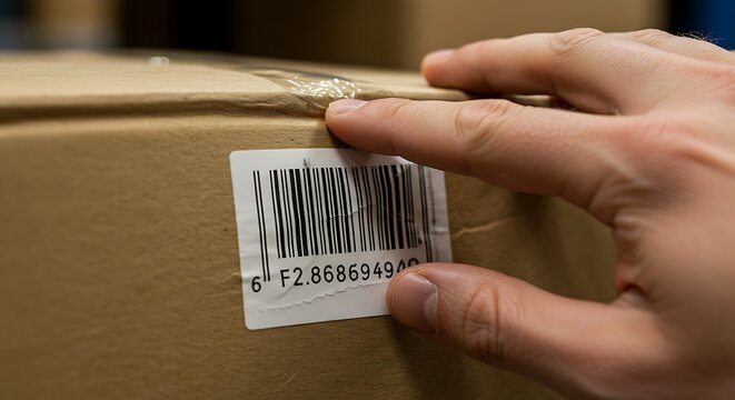 A close-up of a person's hand pointing at a barcode label on a cardboard box.