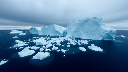 Aerial view of icebergs and ice floes in the dark blue ocean under a cloudy sky in antarctica region