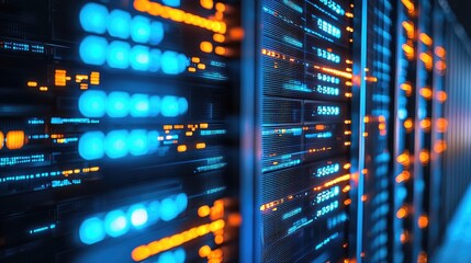 Naklejka premium High performance data center with glowing LED servers for IT infrastructure, cloud computing, AI processing, cybersecurity, and modern network technology applications