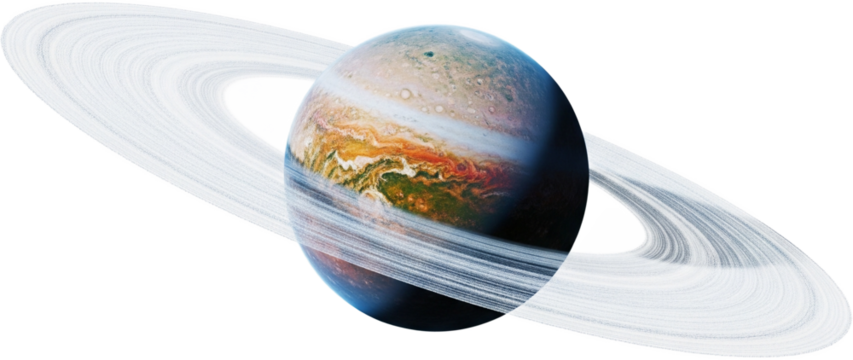 Majestic planetary dance in the cosmos with vibrant gas giant and shimmering rings