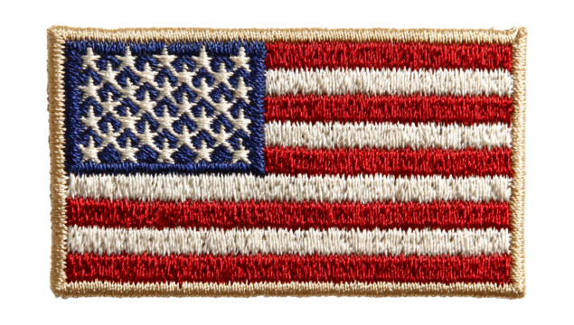 Embroidered american flag patch with stars and stripes, a symbol of patriotism, isolated on transparent background