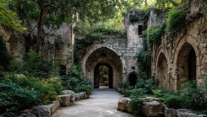 Ancient stone archway overgrown with lush greenery