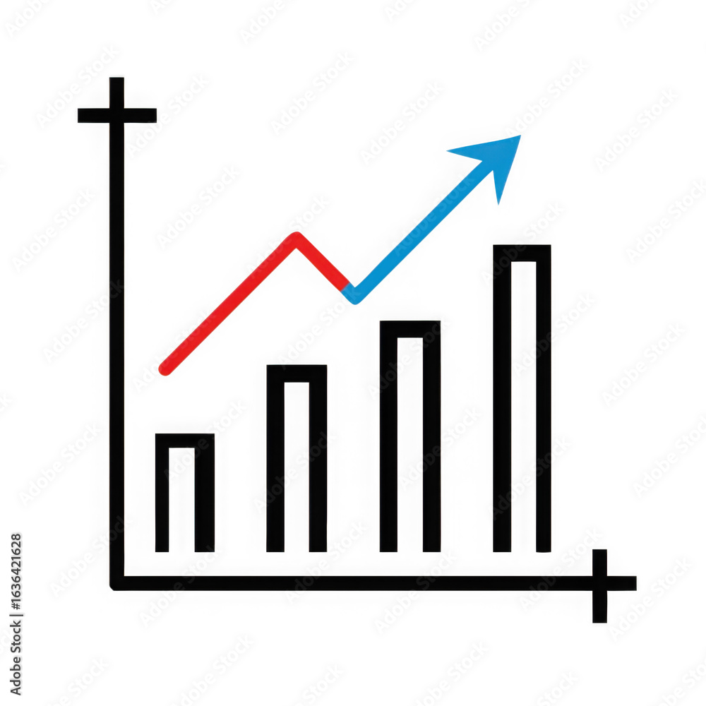 Poster upward trending financial bar chart with red and blue line graph isolated on transparent background