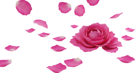 Vibrant pink rose petals, pristine and fresh, scattered and suspended on a transparent studio surface, overhead shot with soft diffused lighting and bokeh, concept of delicate luxury