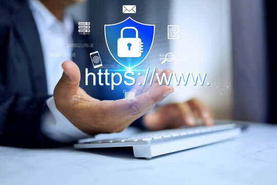 webpage domain concept with https www is more secure and increase security encrypted communication protocol using asymmetric algorithm
