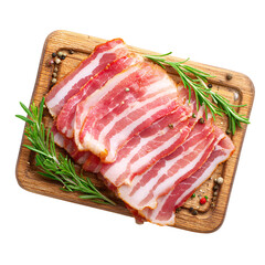 Delicious bacon slices on wooden board with rosemary