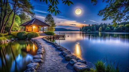 Moonlit Lakeside Path: Peaceful Serenity & Architectural Harmony