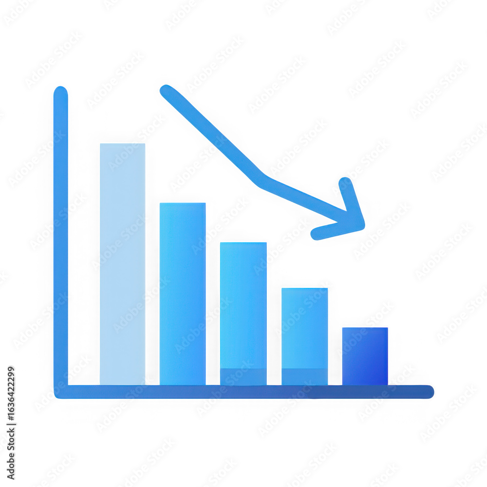 Poster blue bar chart showing a downward trend with an arrow isolated on transparent background