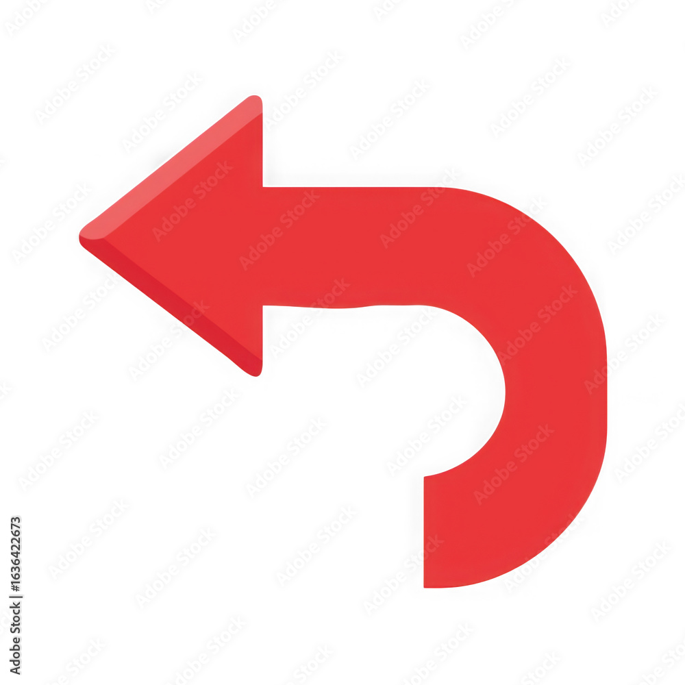 Poster A bright red curved arrow pointing left and backwards isolated on transparent background