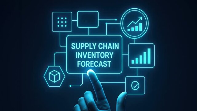 Supply chain inventory forecast concept featuring digital interface with hand pointing, showcasing data analysis, business growth, and futuristic charts for effective planning and logistics management - Powered by Adobe