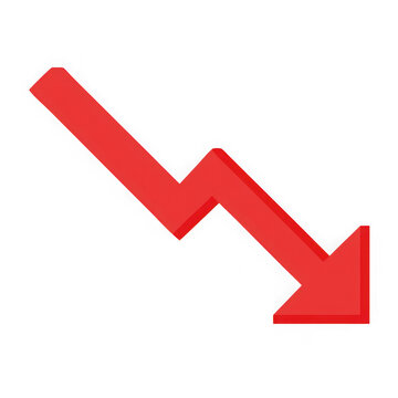 Red downward trending zigzag arrow indicating financial decline isolated on transparent background