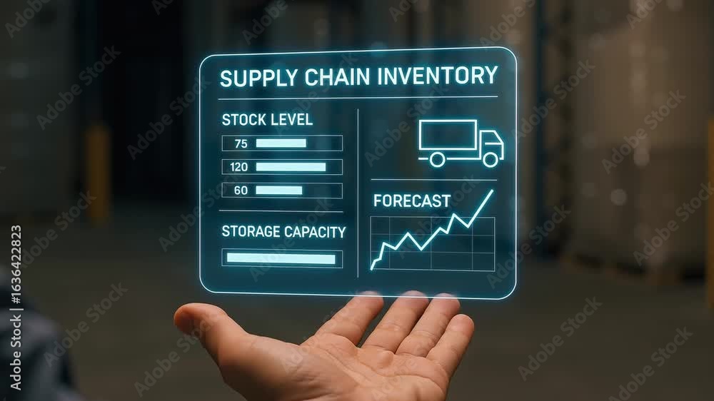 Poster supply chain inventory management concept featuring stock level, storage capacity, and forecast data