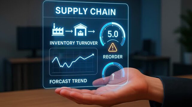 Supply chain management inventory turnover reorder forecast trend business technology digital interface concept with virtual screen and analytics data for optimized logistics and operations