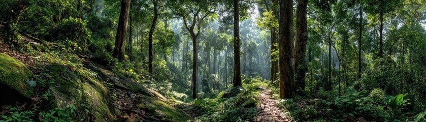 Obraz premium Dappled light dancing through ancient forest at eye level, tranquil creatures amid lush greenery