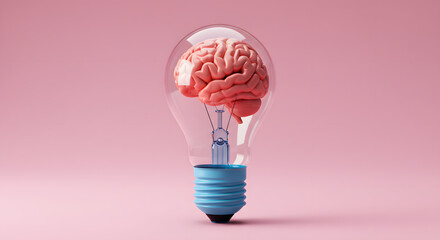 Brain inside the light bulb, Creative Ideas concept, Brain inside the light bulb, Three-dimensional rendering of the human brain inside a transparent light bulb