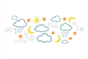 Hand drawn sun moon clouds stars rain wind elements on white background vector