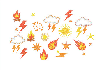 Obraz premium Hand drawn collection of weather elements and campfires in crayon style lightning thunder