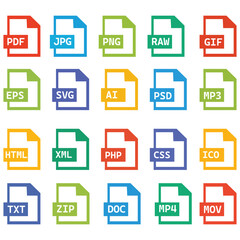 Colorful File Format Icons Set  Flat Style Document Icons
