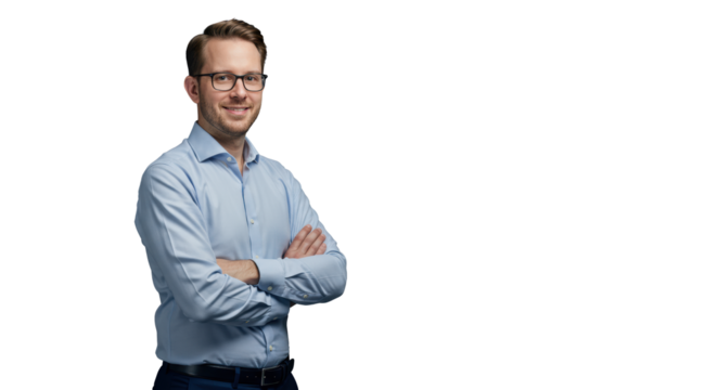A young caucasian man in business casual, eyeglasses, arms crossed, with an approachable smile, in a clean studio background with copy space. Concept of modern business leadership - Powered by Adobe