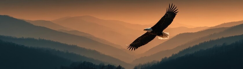 Fototapeta premium Majestic eagle soaring, mountain ridge, sunrise hues