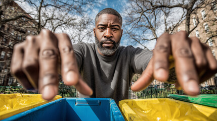 Men actively sorting waste into colored recycling bins outdoors. A symbol of environmental responsibility and inclusive civic engagement. Promotes eco-awareness.