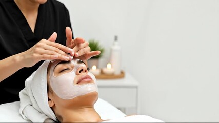 Woman spa facial mask treatment relaxation skincare beauty wellness therapeutic peaceful experience. Spa skincare beauty wellness treatment concept. Spa services skincare beauty wellness treatment