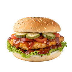 A whole single spicy chicken burger isolated on a transparent background