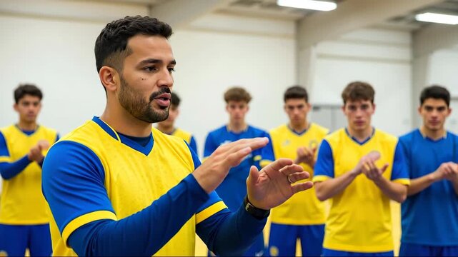 Coach trainer explaining tactics team yellow blue sports uniforms training session athletic development