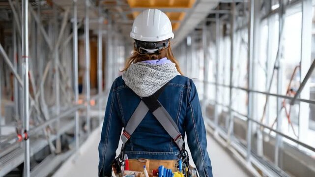 Construction worker wearing helmet and tool belt walking through modern site.
