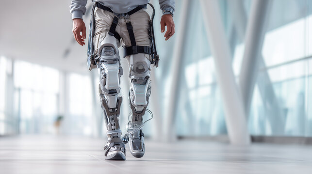 Man wearing advanced robotic exoskeleton legs walking in a bright modern corridor, showcasing futuristic mobility assistance technology