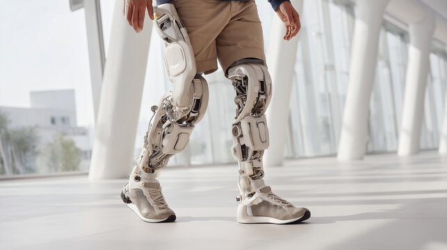 Man walking in a bright modern space wearing advanced robotic exoskeleton legs, merging technology with human mobility
