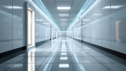 Obraz premium Modern, polished hallway with reflective floor and walls.