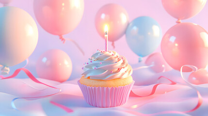 Festive birthday cupcake with lit candle and balloons in soft pastel color scheme