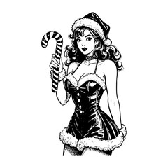 Detailed Engraving of	pinup girl wear Santa clause costume while holding candy	in monochrome drawing