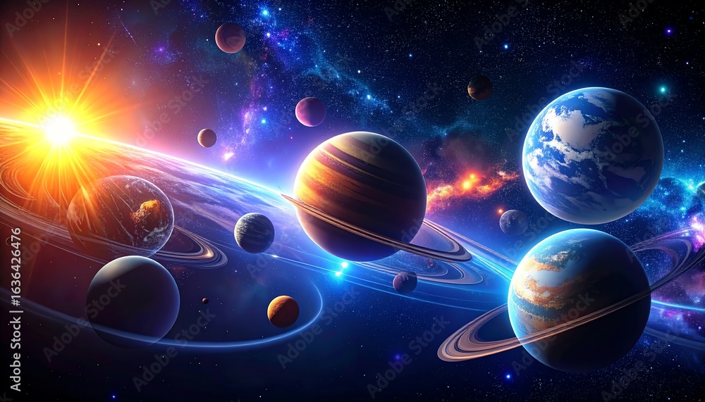 Poster planets and sun in dark cosmic background creating a stunning celestial scene with energy vibes