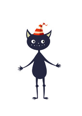 A cartoon-style black cat wearing a red and white striped hat, with stick arms and legs, and a cheerful expression