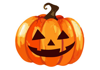A cartoon-style orange pumpkin with a spooky face, featuring triangular eyes, a wide grin, and a green stem