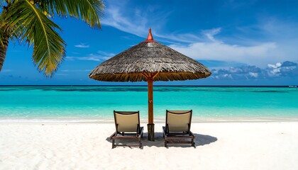 Tropical beach scene with a thatched umbrella and beach chairs