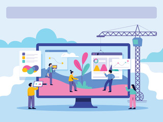 Illustration of team collaborating on digital project with charts and crane beside large monitor, symbolizing data-driven development and teamwork