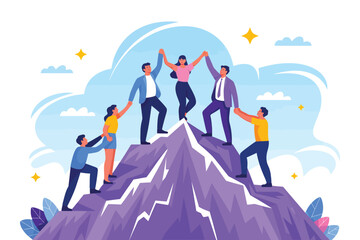Illustration of diverse group helping each other atop mountain peak under starry sky, symbolizing teamwork, achievement, and mutual support