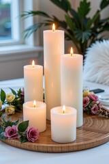 Elegant Arrangement of White Pillar Candles with Floral Accents