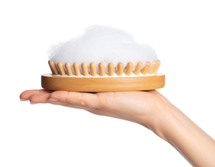 Hand Holding Wooden Spa Brush with Soap Bubbles, Minimalist Side View, Transparent Background
