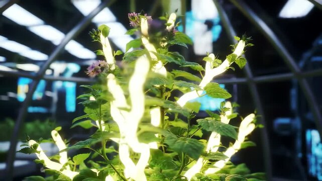 Futuristic Bio-Dome: Dynamic Glowing Lights Illuminate Thriving Green Plant Growth
