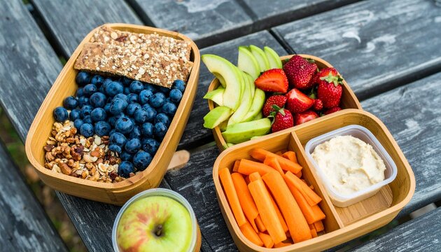 Healthy plant-based meal in an eco-friendly bamboo lunch box with fresh fruits, vegetables, and hummus for a picnic - Powered by Adobe
