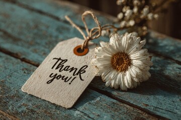 Naklejka premium Rustic Wooden Tabletop: Thank You Gift Tag with Daisy Flower, Gratitude & Appreciation Concept.