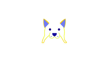 Stylized illustration of a dog's face, featuring blue and yellow outlines on a white background.