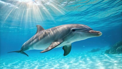 Naklejka premium Joyful Dolphin Swimming in Crystal Clear Blue Ocean with Sun Rays